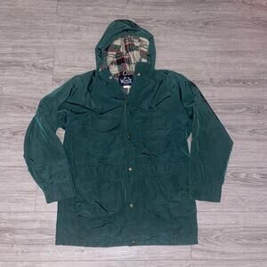 Woolrich Jacket Parka Mens Sz M Green Hooded Plaid Lined USA Barn Coat Zip 80s